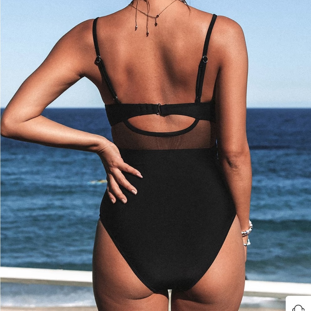 Cupshe Solid Mesh Wrap Front Cutout Black One Pie… - image 2